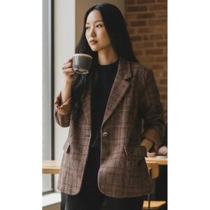 ebossy Brown Plaid Single Button Blazer Jacket XXL ITN2471-HY-21